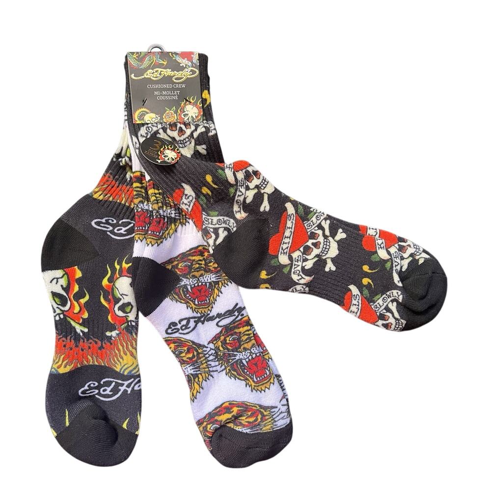 Ed Hardy 3 Pack Men's Cushioned Crew Socks Skulls Tigers Flames Size 6-12 NEW